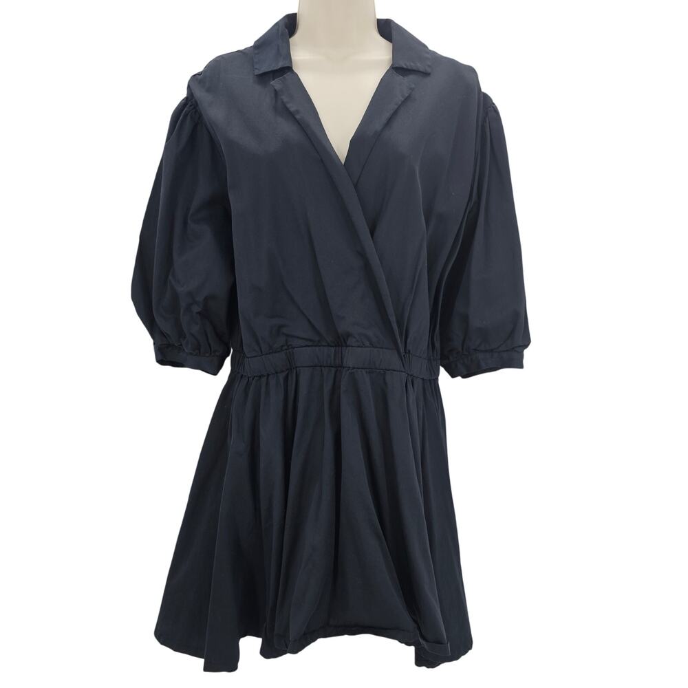 Club Monaco Womans size 10 Collared Surplice A-Line Puff Sleeve Mini Dress Black
